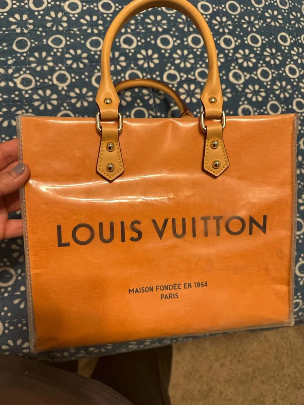Upcycled Louis Vuitton Orange Shopping Bag Made into a Tote with Tan Handles - Picture 1 of 11